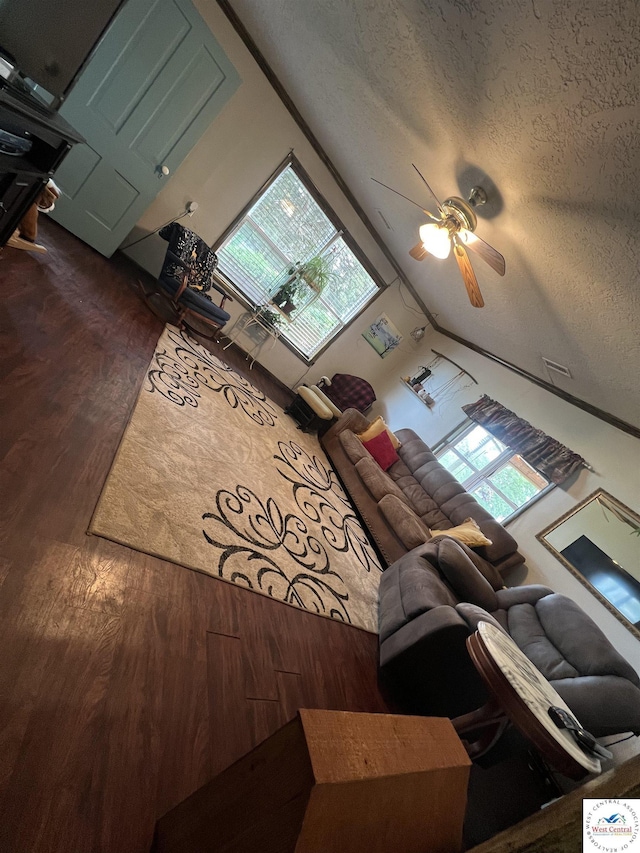 750 NW 950th Rd, Blairstown, MO 64726 - living area featuring wood finished floors, ceiling fan, a textured ceiling, plenty of natural light, and vaulted ceiling