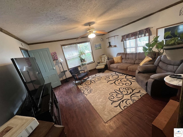 living room featuring wood finished floors, a wealth of natural light, a textured ceiling, and crown molding