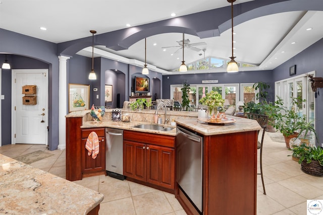 kitchen with arched walkways, ceiling fan, dishwasher, a sink, and lofted ceiling
