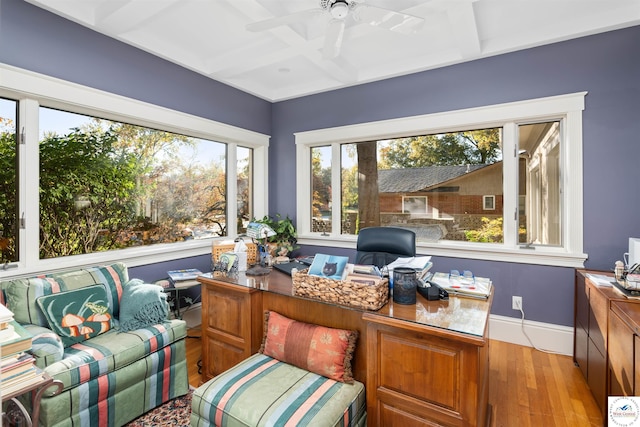 home office with coffered ceiling, a ceiling fan, baseboards, and light wood-type flooring