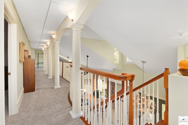 1114 W Broadway Blvd, Sedalia, MO 65301 - hall featuring an upstairs landing, carpet, and ornate columns