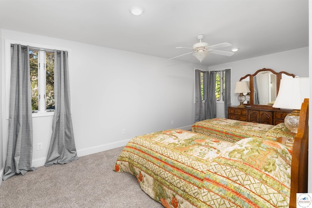 bedroom featuring recessed lighting, ceiling fan, carpet floors, and baseboards