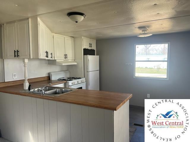 16552 Springfield Rd, Warsaw, MO 65355 - kitchen featuring white appliances, butcher block countertops, under cabinet range hood, a sink, and a peninsula