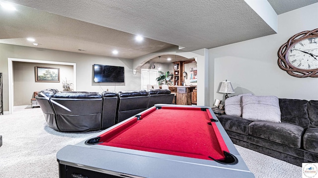 4517 NE Fairway Homes Dr, Lees Summit, MO 64064 - rec room featuring carpet flooring, pool table, bar area, recessed lighting, and a textured ceiling