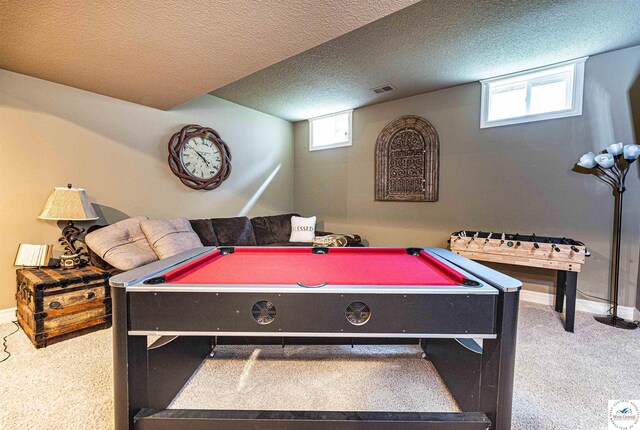 4517 NE Fairway Homes Dr, Lees Summit, MO 64064 - rec room with billiards table, carpet floors, and a textured ceiling