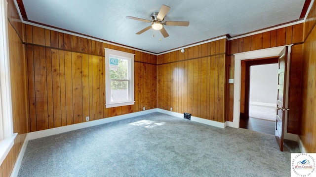 401 N Prospect St, Sedalia, MO 65301 - carpeted spare room featuring ceiling fan, wooden walls, ornamental molding, and a textured ceiling