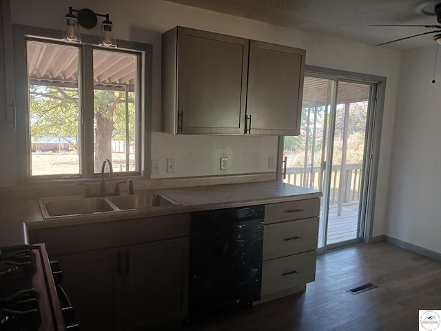 607 N Hughes St, Stover, MO 65078 - kitchen with range with gas stovetop, a sink, black dishwasher, wood finished floors, and a ceiling fan
