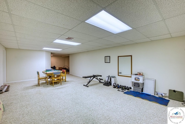 game room featuring a paneled ceiling, carpet flooring, and visible vents