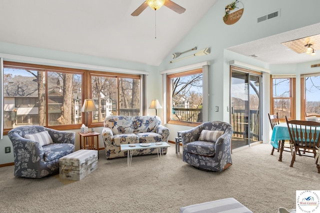 1436 Cherokee Rd, Lake Ozark, MO 65049 - living area featuring a ceiling fan, visible vents, high vaulted ceiling, and carpet