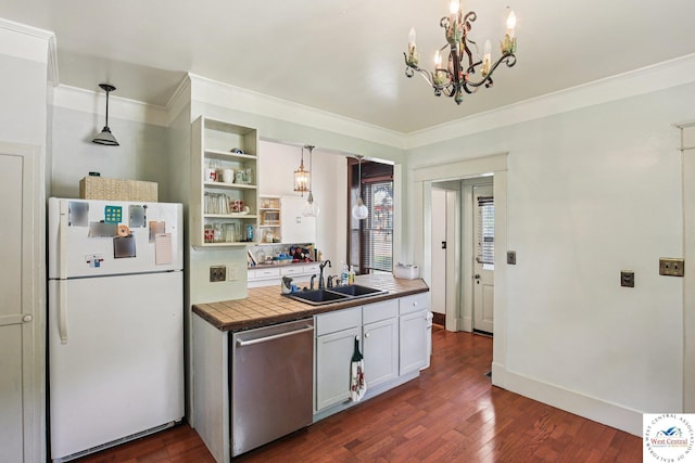 309 E Gay St, Warrensburg, MO 64093 - kitchen featuring freestanding refrigerator, dishwasher, crown molding, a chandelier, and dark wood-style flooring