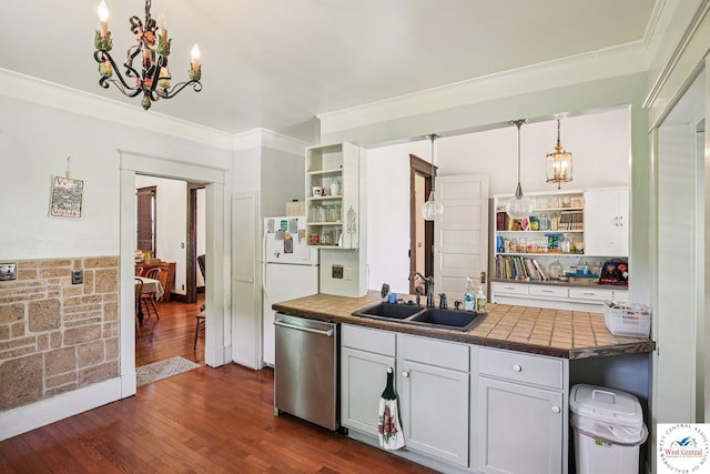 309 E Gay St, Warrensburg, MO 64093 - kitchen featuring stainless steel dishwasher, open shelves, dark wood-style flooring, a chandelier, and crown molding
