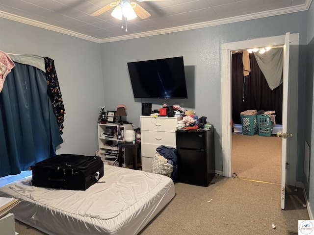 405 W 4th St, Sedalia, MO 65301 - bedroom with carpet floors, ornamental molding, and freestanding refrigerator