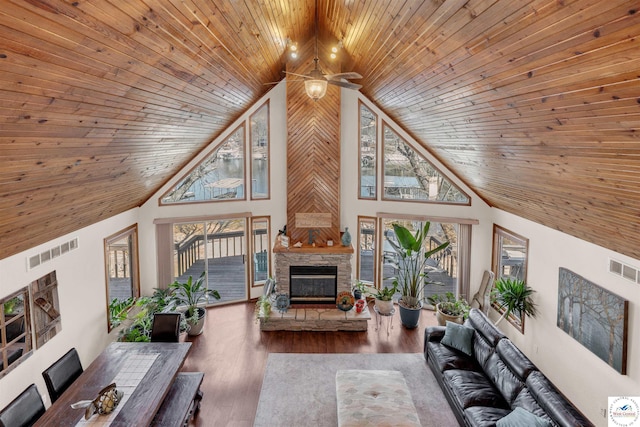 living area featuring visible vents, ceiling fan, wooden ceiling, high vaulted ceiling, and a stone fireplace
