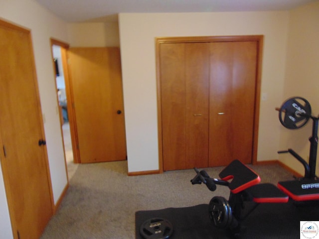 exercise area featuring baseboards and carpet