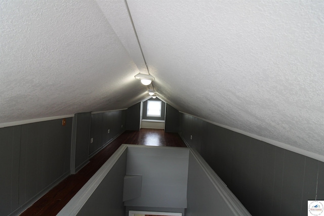 additional living space featuring a textured ceiling, vaulted ceiling, and wood finished floors