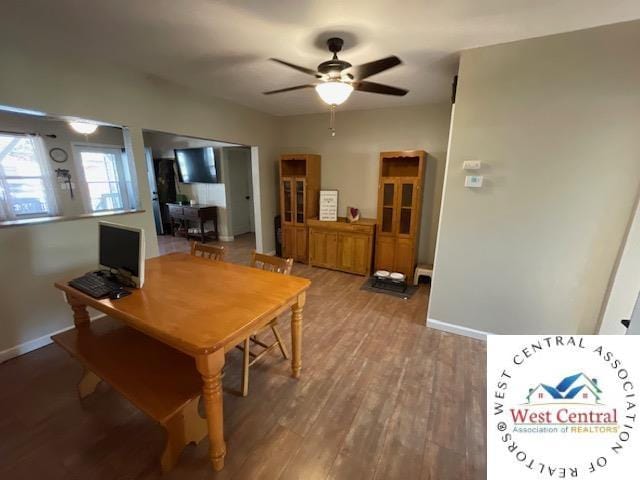 412 E Walnut St, Clinton, MO 64735 - dining area with a ceiling fan, wood finished floors, baseboards, and an office area