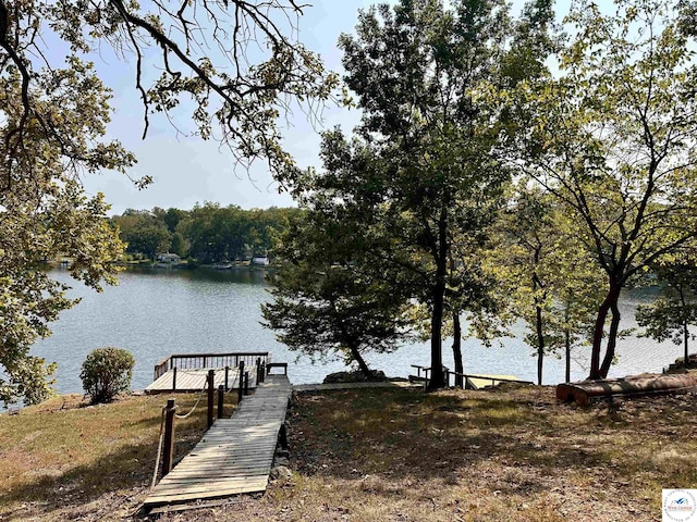 view of water feature with a dock