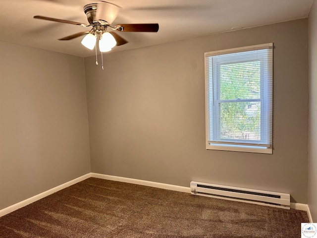 unfurnished room with baseboards, dark carpet, and a baseboard radiator