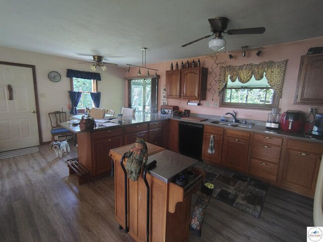 29620 Blue Grass Rd, Edwards, MO 65326 - kitchen with a ceiling fan, black dishwasher, a peninsula, and dark wood-style floors
