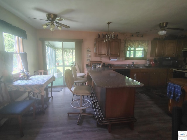 29620 Blue Grass Rd, Edwards, MO 65326 - kitchen with ceiling fan, dark wood finished floors, a peninsula, and a breakfast bar