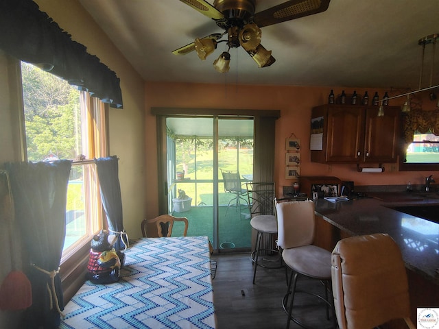 29620 Blue Grass Rd, Edwards, MO 65326 - dining room featuring ceiling fan and wood finished floors