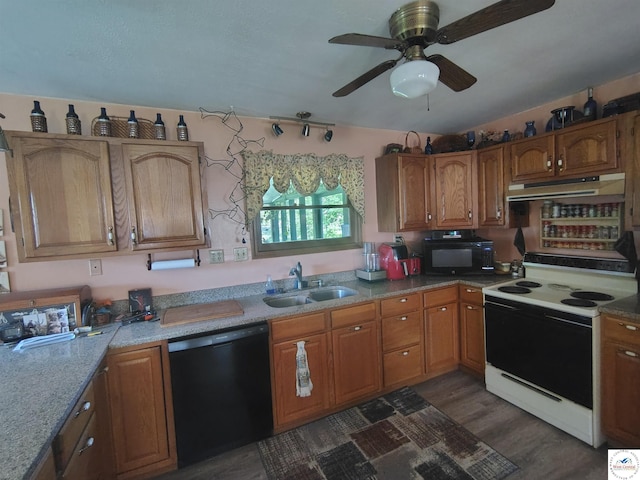 29620 Blue Grass Rd, Edwards, MO 65326 - kitchen with black appliances, under cabinet range hood, dark wood-style flooring, brown cabinetry, and a ceiling fan