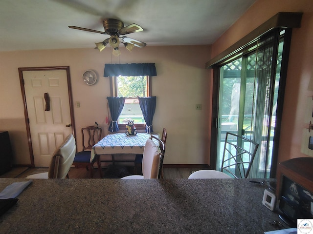 29620 Blue Grass Rd, Edwards, MO 65326 - dining space with a ceiling fan and wood finished floors