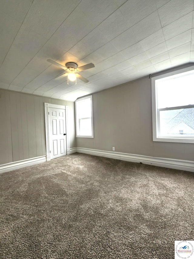 bonus room featuring ceiling fan, carpet floors, and baseboards