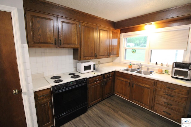 101 Lakeveiw Dr, Windsor, MO 65360 - kitchen featuring black range with electric cooktop, a sink, white microwave, dark wood-type flooring, and light countertops