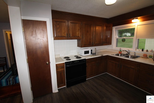 101 Lakeveiw Dr, Windsor, MO 65360 - kitchen with black range with electric cooktop, a sink, white microwave, dark wood-type flooring, and light countertops