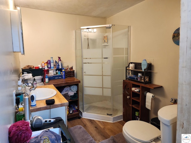 full bath featuring toilet, a shower stall, wood finished floors, and vanity