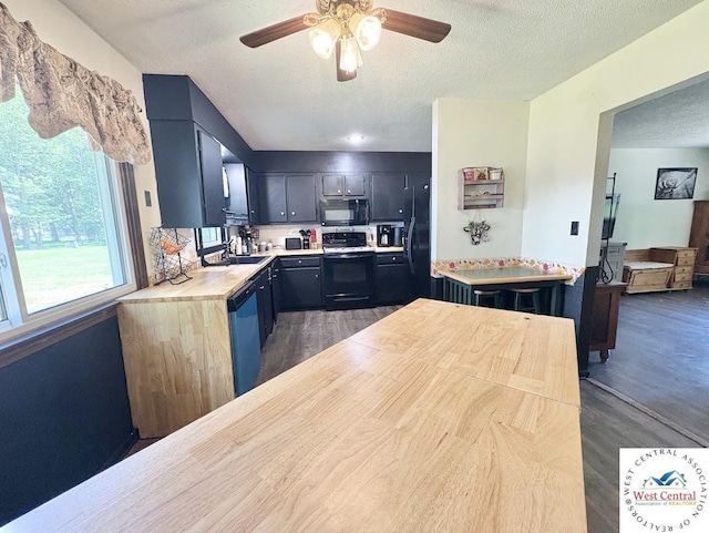 2704 Rosebud Cir, Sedalia, MO 65301 - kitchen with black appliances, a ceiling fan, a textured ceiling, wood finished floors, and light countertops