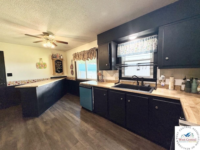 2704 Rosebud Cir, Sedalia, MO 65301 - kitchen with dishwasher, dark cabinetry, light countertops, a ceiling fan, and a textured ceiling