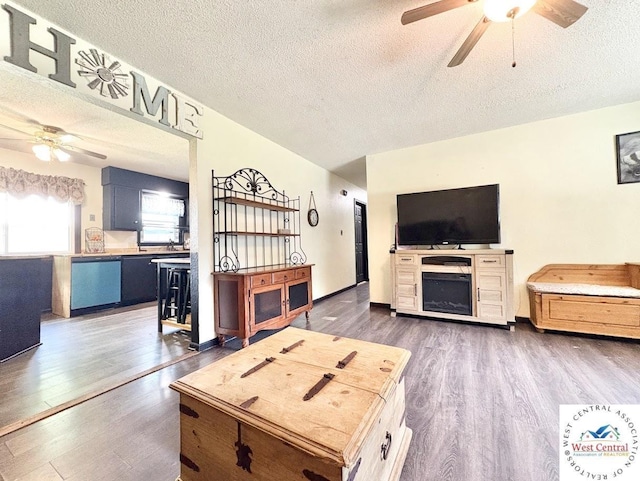 2704 Rosebud Cir, Sedalia, MO 65301 - living area with ceiling fan, a textured ceiling, and dark wood finished floors