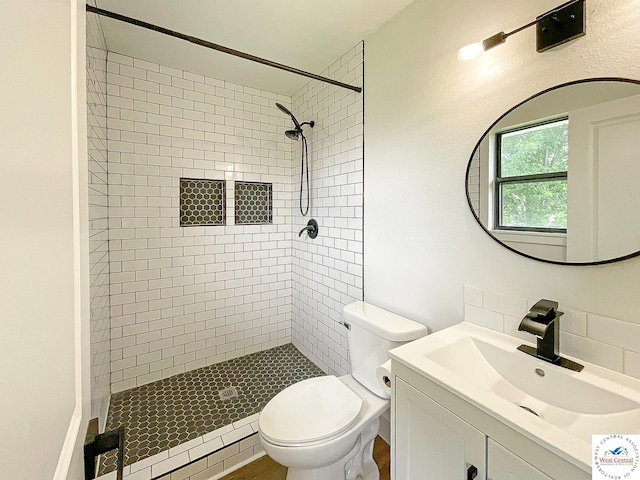 bathroom with vanity, toilet, and a shower stall