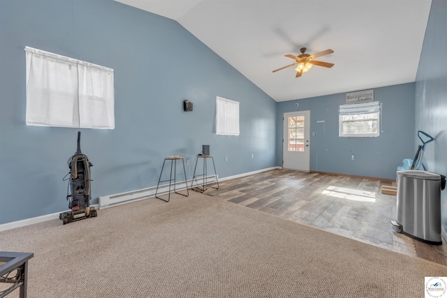 25939 Old Oar House Rd, Warsaw, MO 65355 - unfurnished living room featuring ceiling fan, a baseboard radiator, high vaulted ceiling, and wood finished floors
