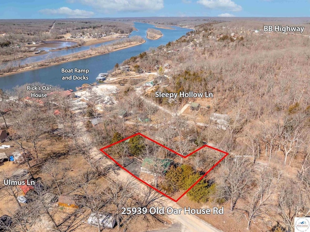 25939 Old Oar House Rd, Warsaw, MO 65355 - aerial view of property's location featuring a large body of water and property parcel outlined