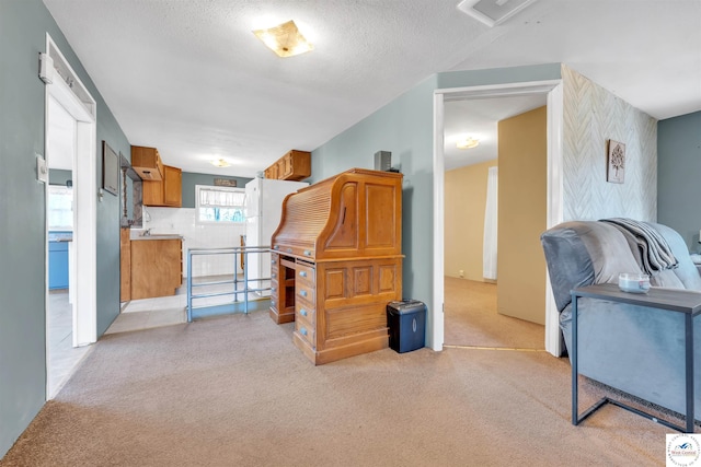 25939 Old Oar House Rd, Warsaw, MO 65355 - kitchen featuring light carpet, brown cabinetry, freestanding refrigerator, decorative backsplash, and a textured ceiling
