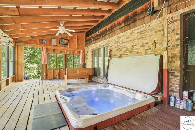 828 SE 601st Rd, Leeton, MO 64761 - wooden deck featuring an indoor hot tub and a ceiling fan