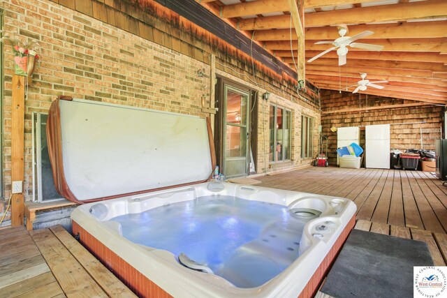 828 SE 601st Rd, Leeton, MO 64761 - wooden deck with a covered hot tub and ceiling fan
