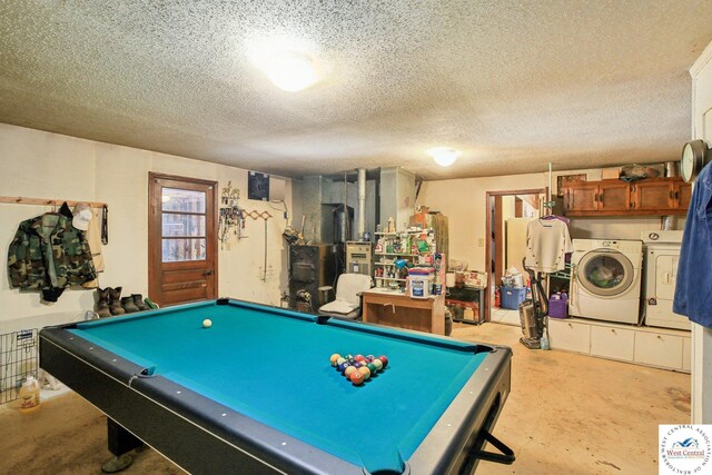 828 SE 601st Rd, Leeton, MO 64761 - game room featuring separate washer and dryer, a textured ceiling, concrete flooring, and billiards table