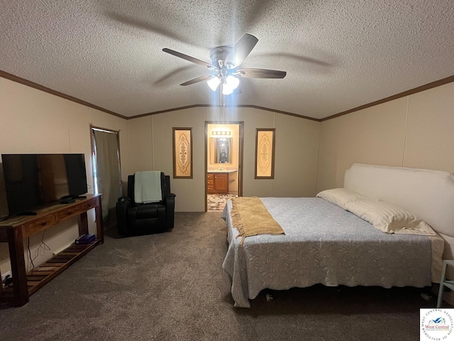 carpeted bedroom featuring ornamental molding, lofted ceiling, and a decorative wall
