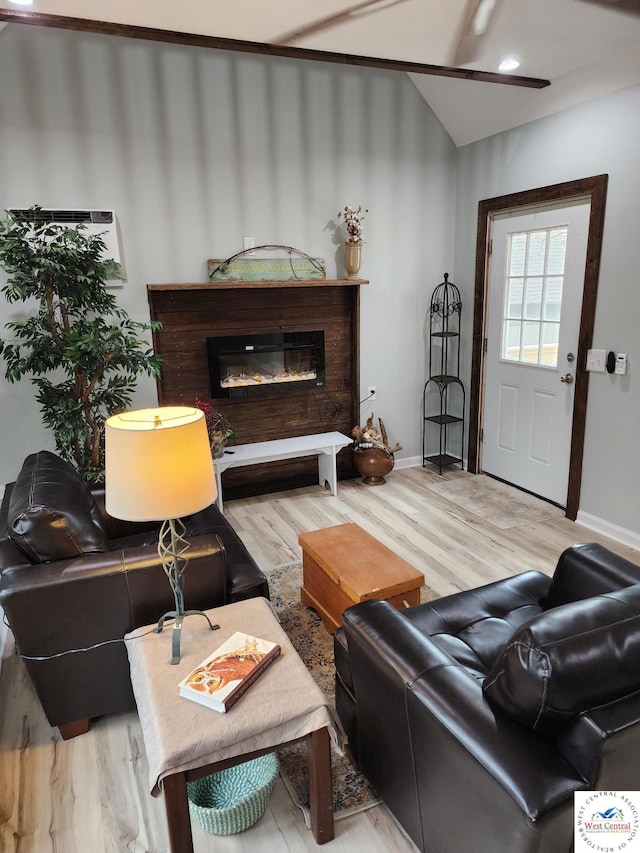 10075 Otter Rd, Clinton, MO 64735 - living area with baseboards, wood finished floors, a glass covered fireplace, and vaulted ceiling