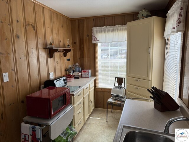 kitchen with wood walls, light countertops, and a sink