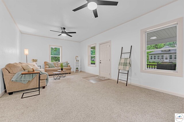 1803 S Quincy Ave, Sedalia, MO 65301 - carpeted living room featuring ceiling fan and baseboards