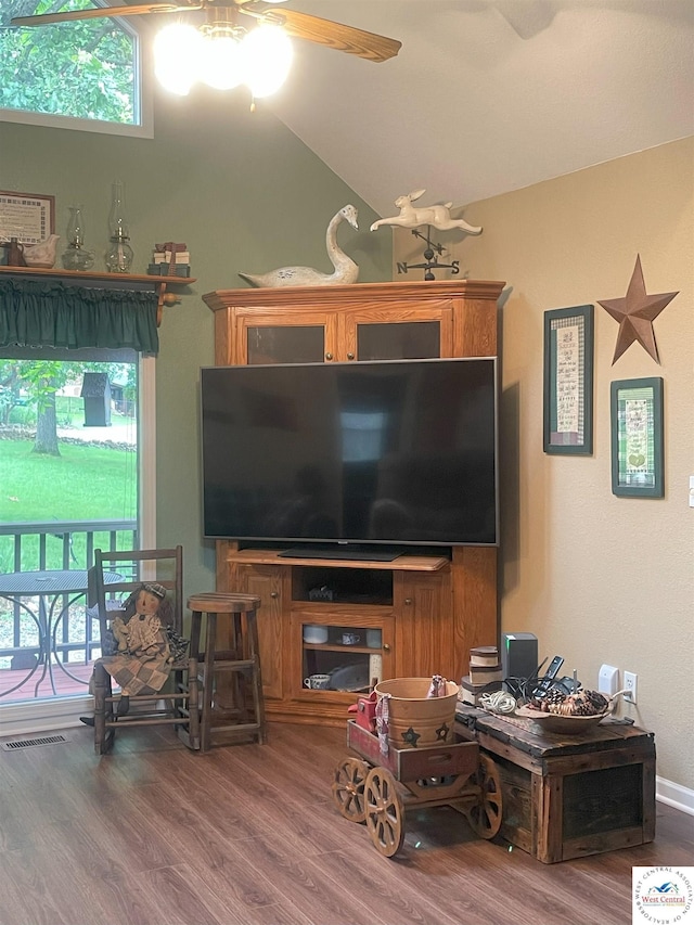791 SE 1211th Rd, Deepwater, MO 64740 - living area with wood finished floors, healthy amount of natural light, ceiling fan, and vaulted ceiling