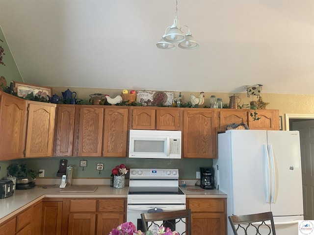 791 SE 1211th Rd, Deepwater, MO 64740 - kitchen featuring white appliances, light countertops, brown cabinets, and lofted ceiling