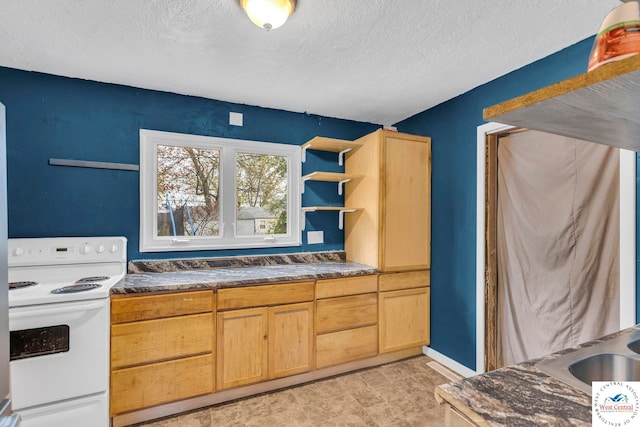6204 E 147th Ter, Grandview, MO 64030 - kitchen with white electric range oven, dark countertops, a textured ceiling, a sink, and open shelves