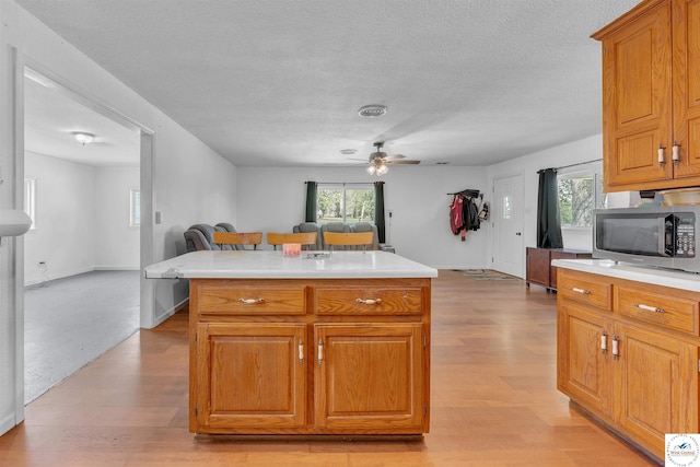 216 S County Line Rd, Windsor, MO 65360 - kitchen with stainless steel microwave, light wood-style flooring, ceiling fan, light countertops, and a textured ceiling