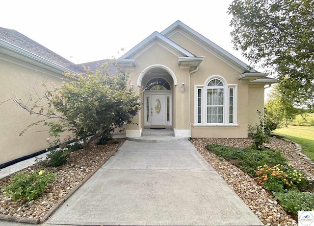 doorway to property featuring stucco siding